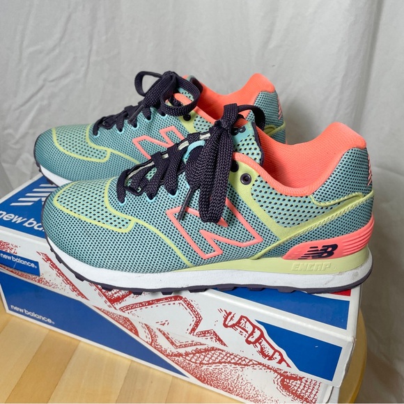 New Balance 574 Woven Teal Women’s Sneakers Shoes 5 35 Mint Green Fabric Neon - Picture 1 of 12
